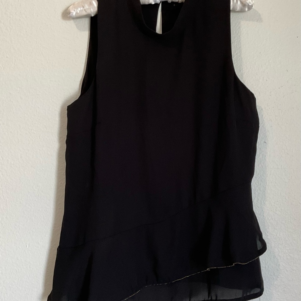 Banana Republic Elegant Black tank top. Asymmetrical with gold trim bottom.